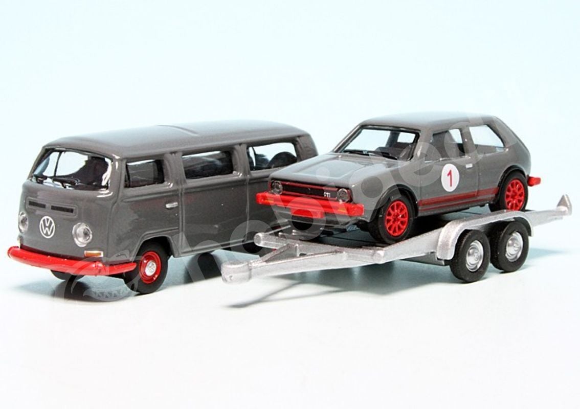 Schuco 1:87 VW T2 Minibus 1962 + Trailer + VW Golf I GTI (87U00067) | Model Araba