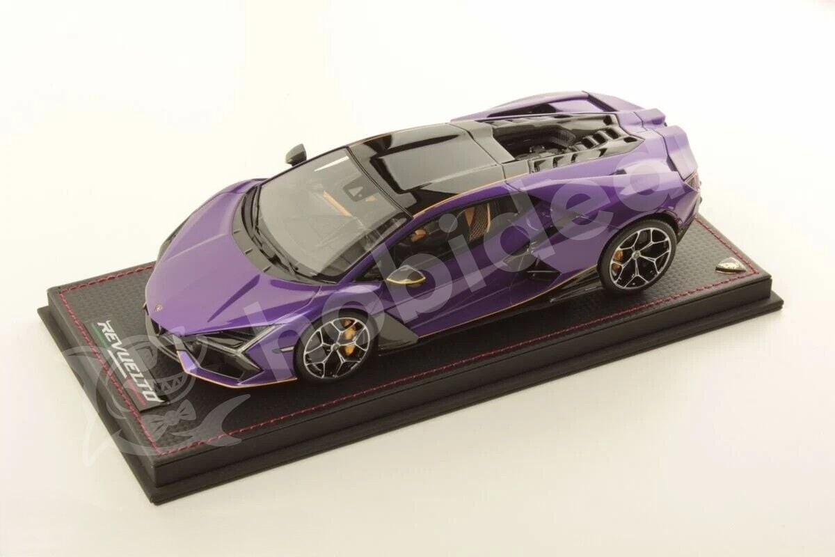MR Collection 1:18 Lamborghini Revuelto (2023) Viola Pasifae with Yellow Livery (LAMBO058SE9) | Model Araba